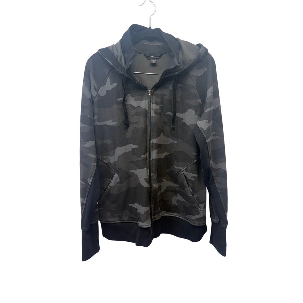 Athleta Triumph Hoodie Black Gray Camo Womens Large Zip Hooded Sweatshirt Jacket